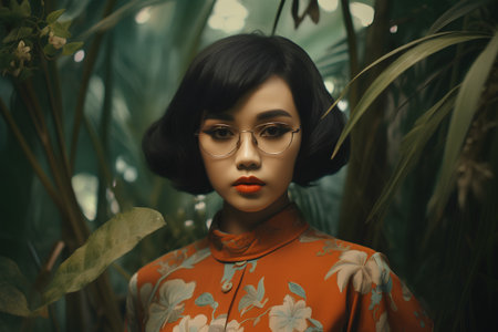 Fashion portrait of beautiful asian woman with dark hair and red lipsの素材
