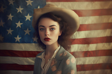 Portrait of a beautiful young woman with a cowboy hat on the background of the American flagの素材
