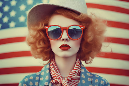 Portrait of a beautiful redhead woman in hat and sunglasses on the background of the American flagの素材