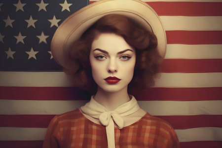 Portrait of beautiful young woman with red lips and hat on USA flag backgroundの素材