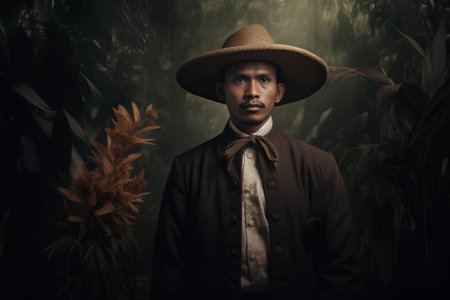 Portrait of an African American man wearing a hat and posing in the jungle.の素材