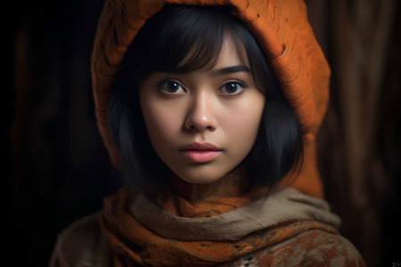 Portrait of a beautiful asian woman in orange scarf and hatの素材