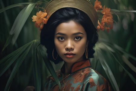 Beautiful asian woman with yellow flowers in her hair. Vintage style.の素材