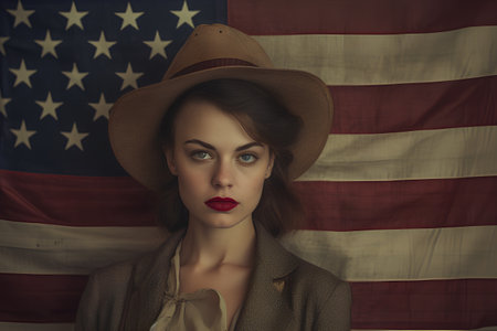 Portrait of a beautiful young woman in a hat on the background of the American flagの素材