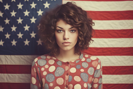 Portrait of beautiful young woman with curly hairstyle. American flag background.の素材
