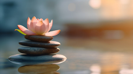 pile of zen stones and lotus flower on water backgroundの素材