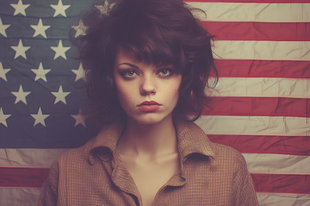 Beautiful young woman on the background of the American flag. Retro styleの素材