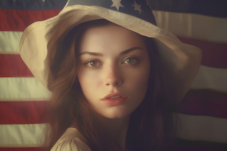 Portrait of beautiful young woman in a hat on the background of the American flagの素材