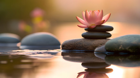 Pink lotus flower on black pebbles with reflection in waterの素材