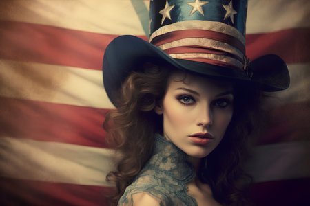 Portrait of beautiful young woman in top hat and American flag.の素材