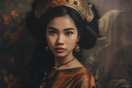 Portrait of a beautiful asian woman in traditional costume. Vintage style.の素材