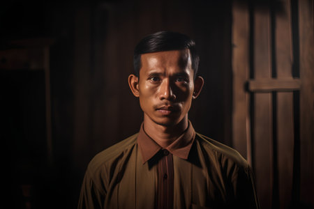 Portrait of a handsome asian man in a dark room.の素材