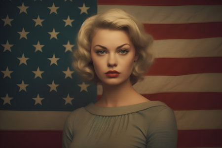 Retro portrait of a beautiful blonde woman with American flag in the backgroundの素材