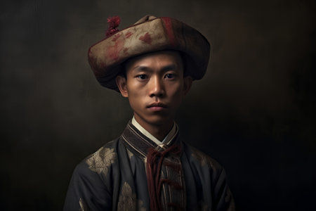 Portrait of young asian man in traditional costume on dark backgroundの素材