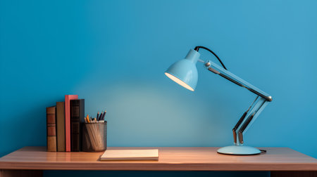 Table lamp and books on wooden table against blue wall, 3d renderの素材