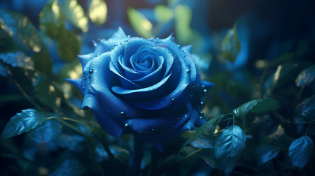 beautiful blue rose with dew drops on the petals on a dark backgroundの素材