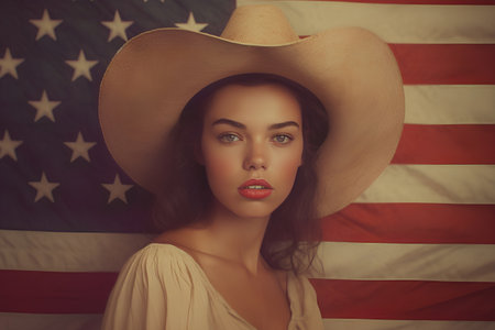 Portrait of beautiful young woman in cowboy hat on american flag backgroundの素材