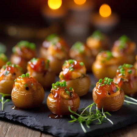 Baked potatoes stuffed with red caviar on a black slate boardの素材