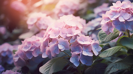 Hydrangea flowers in the garden at sunset. Vintage tone.の素材