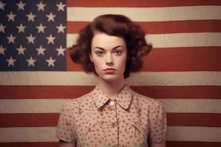 Portrait of a beautiful young woman in retro style. American flag background.の素材