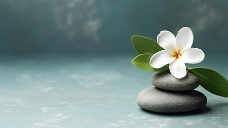 Spa stones with frangipani flower on blue background.の素材