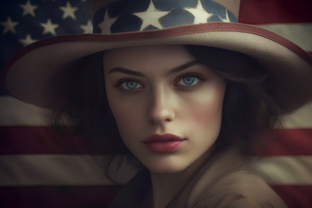 Portrait of a beautiful young woman in a hat with American flagの素材