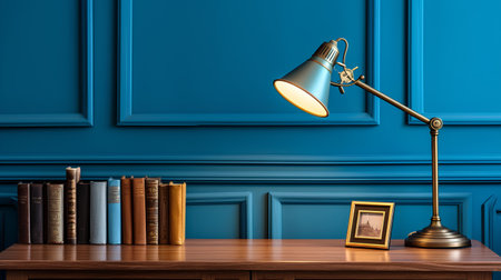 Lamp in classic interior with blue wall and books. 3d renderの素材
