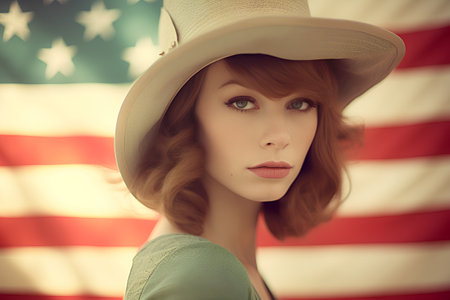 Beautiful redhead woman in cowboy hat on the background of the American flagの素材