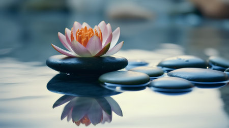 Beautiful water lily flower on zen stones with reflection in waterの素材