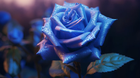 Beautiful blue rose with water drops on the petals on a dark backgroundの素材