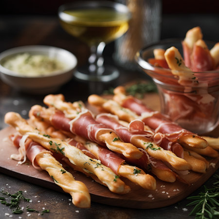 Grissini breadsticks with prosciutto crudo or jamon and rosemaryの素材