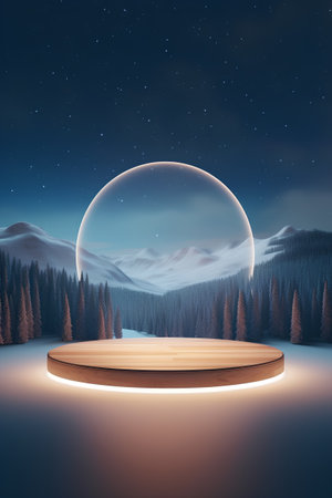 Wooden podium in the winter forest. 3d rendering, 3d illustration.の素材