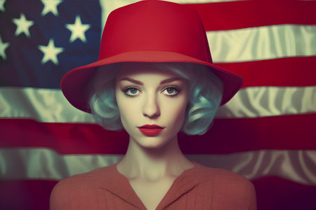 Portrait of a beautiful young woman with short blue hair and red hat. American flag background.の素材