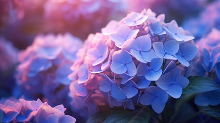 Beautiful hydrangea flowers in the garden at sunset.の素材
