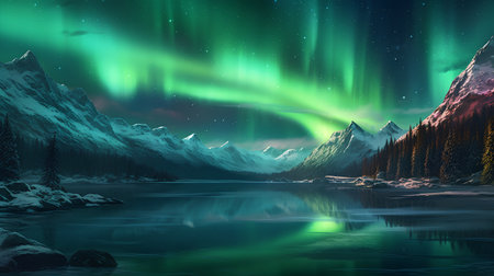 Northern lights in the night sky above mountain lake. Vector illustration.の素材