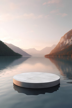 3d render of a round platform on a lake with mountains in the backgroundの素材