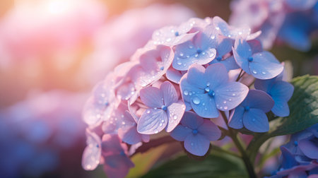Beautiful hydrangea flowers with dew drops in the morning light.の素材