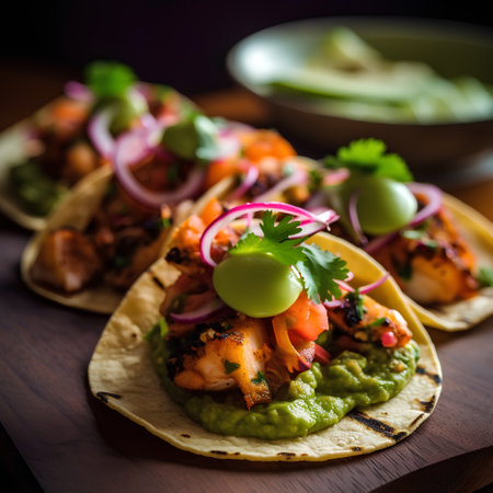 Mexican fish tacos with guacamole, avocado and onionの素材