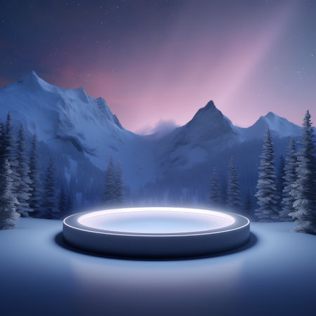 Winter landscape with a podium and mountains. 3D rendering. Neon lights.の素材