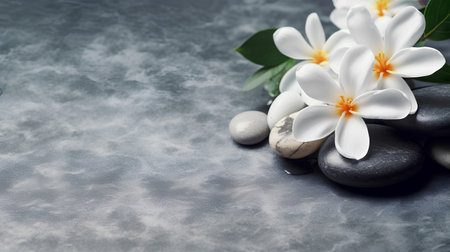 Spa stones with frangipani flowers on grey background.の素材