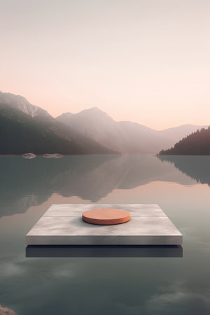 Wooden platform on the lake with mountains in the background. 3d renderingの素材