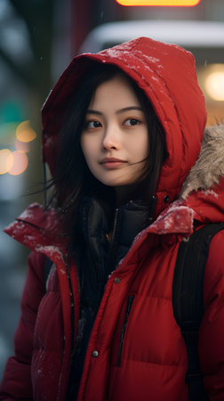 Portrait of a beautiful asian woman wearing a red jacket with a hoodの素材