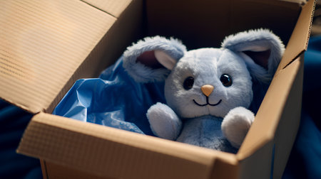 Closeup of a teddy bear in a cardboard box with copy spaceの素材
