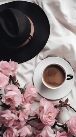 Cup of coffee, black hat and pink flowers on white bedの素材