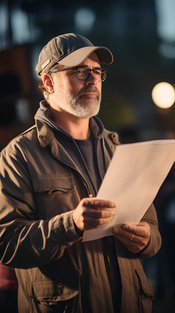 Serious mature man in cap and glasses reading documents while standing outdoorsの素材