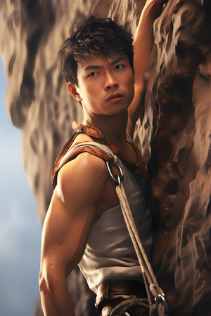 Portrait of a handsome asian man climbing on a cliff.の素材