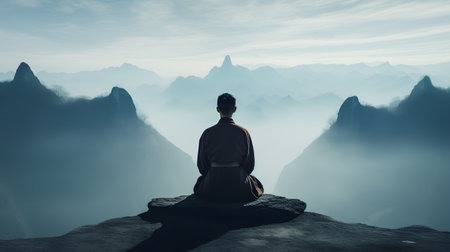 Man meditating on the edge of a cliff in the misty valleyの素材