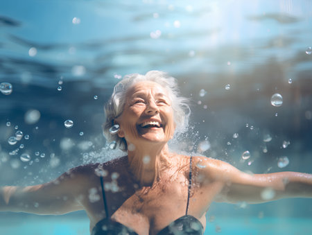 Happy senior woman in swimming pool with splashes of water on backgroundの素材