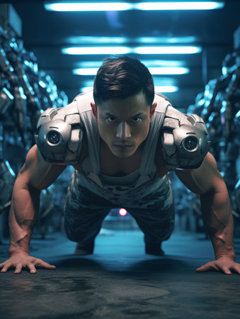 Portrait of a muscular asian man working out in the gym.の素材