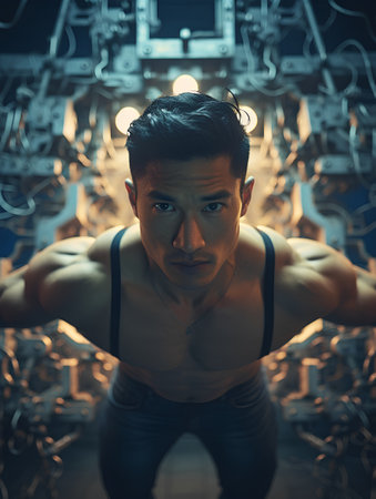 Portrait of handsome asian man with muscular body in gym.の素材